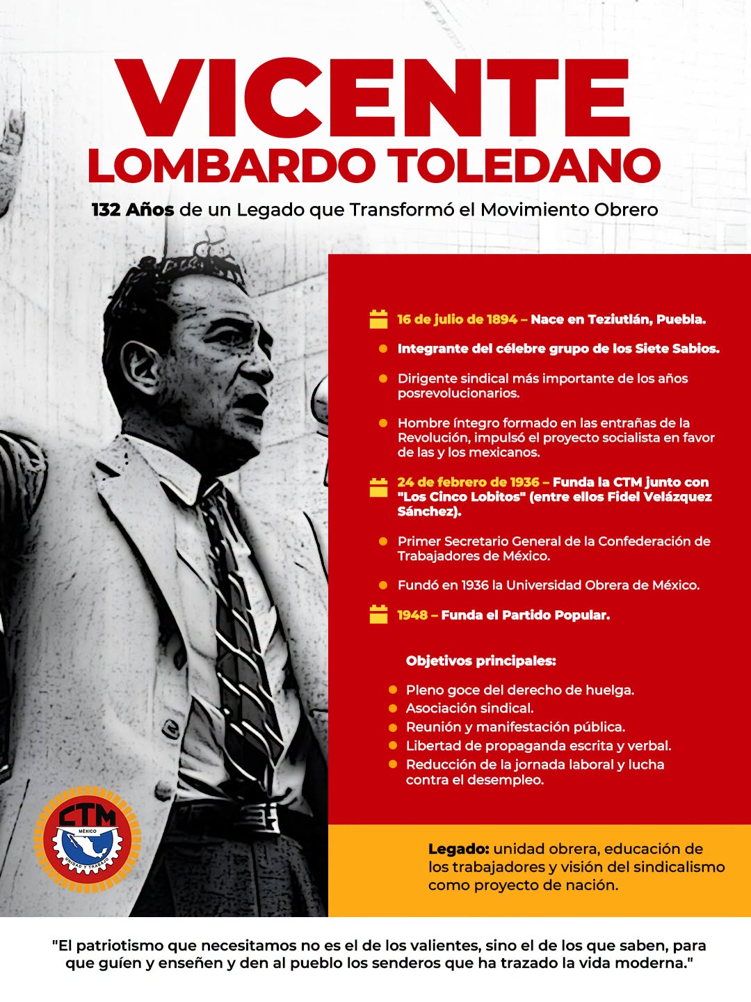 132.º aniversario del natalicio de Vicente Lombardo Toledano,